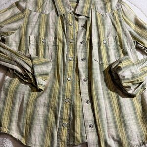 Nice Western Style Snap Buttons Roxy Green and Beige Striped Shirt